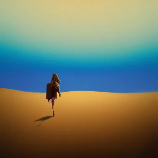 Image similar to closeup giant dahlia flower head, girl walking between dunes, surreal photography, sunrise, blue sky, dramatic light, impressionist painting, digital painting, artstation, simon stalenhag