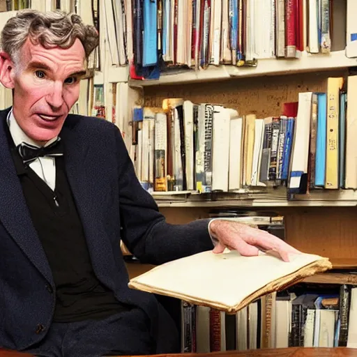 Prompt: bill nye the science guy reading a very old and thick book in his paper filled office