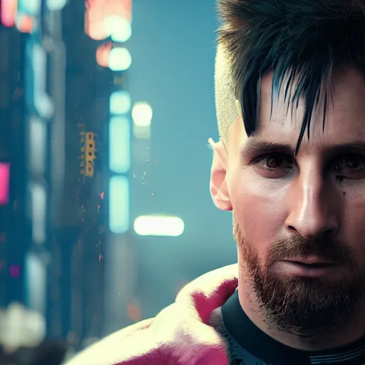 Image similar to Messi as cyberpunk, cyberpunk 2077, detailed, Octane, 8K resolution,