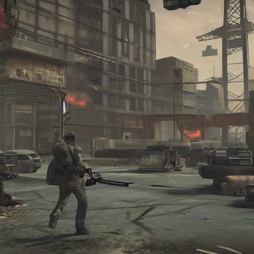 Prompt: Postapocalyptic city with people with old fashion guns in gas masks, game screenshot