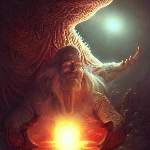 Prompt: by artgerm and agostino arrivabene, visually stunning, cinematic, ultra realistic, hyper realism, epic, octane render, unreal engine, vfx, maya, alien space knight, planet floating above his open hand, fungal enchanter, murloc tinyfin, dread infernal, wee whelp, battle ram