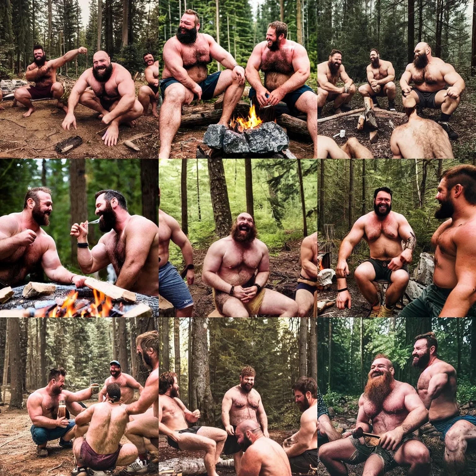 Prompt: shirtless hairy burly strongmen in short drinking beers and laughing together around a campfire in the forest, photography, wholesome, dad energy, cozy, warm, brotherhood