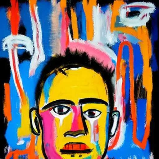 Image similar to robert nava paintings in the style of jean michel-basquiat