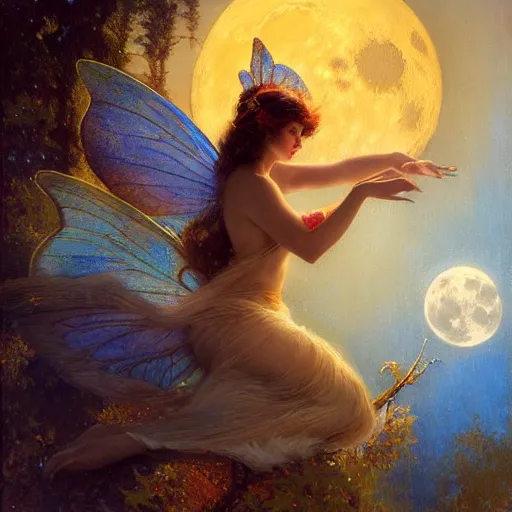 Image similar to attractive fairy magically floating high in the night, fantasy, full moon in background. highly detailed painting by gaston bussiere, craig mullins, j. c. leyendecker, mid shot, 8 k