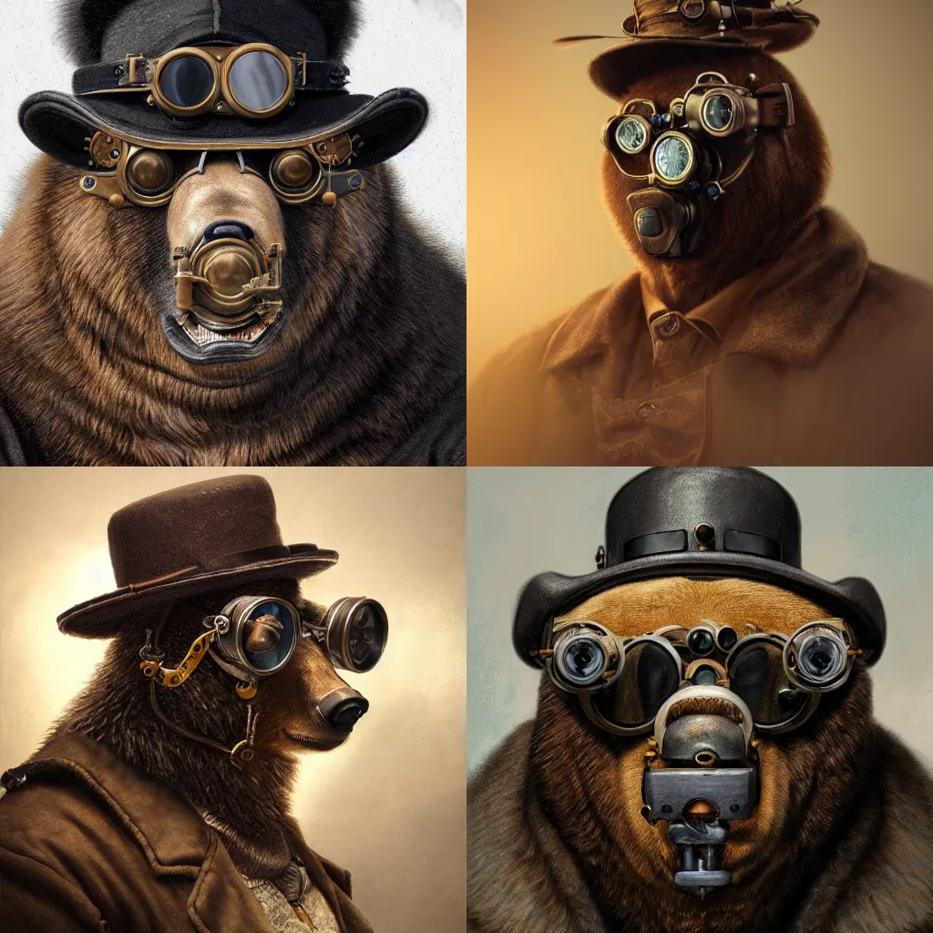 Prompt: Hyper realistic ultra-detailed portrait of bear face, steampunk hat with goggles, upper body, detective coat, sharp focus, illustration, fantasy style, octane render, volumetric lighting, 8k high definition, by greg rutkowski, highly detailed, trending on art station,