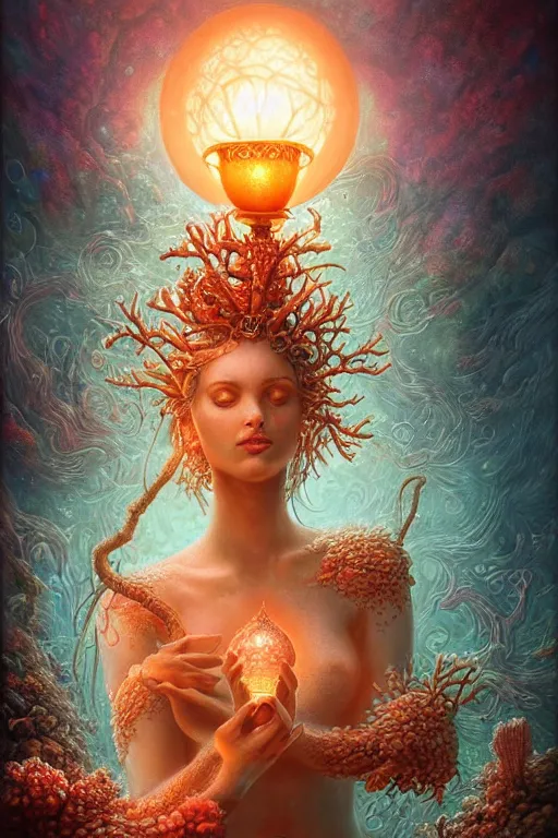Prompt: a stunning ultra detailed underwater fantasy illustration of a goddess holding a glowing lamp, overgrown with colorful coral, by tomasz alen kopera, water bubbles, very detailed, deep depth of field, 5 0 mm lens, soft lighting, artstation, highly coherent, 8 k