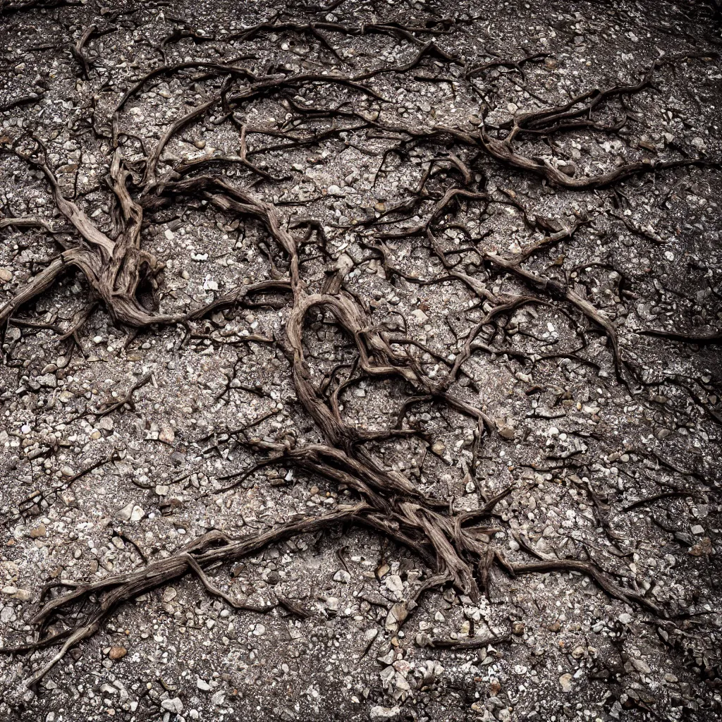 Image similar to a dry and dead tree in a forest of coal and eroded stones, dust, wind, dirt, advertising photography