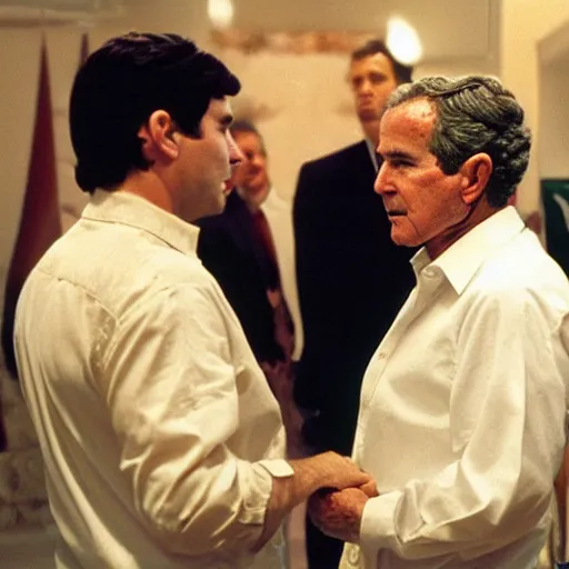 Image similar to ! dream still of george bush as tony montana sniffing tiny inmigrants