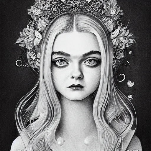 Image similar to professional painting of Elle Fanning in the style of Joe Fenton, head and shoulders portrait, symmetrical facial features, smooth, sharp focus, illustration, intricate, stormy weather, extremely detailed masterpiece,