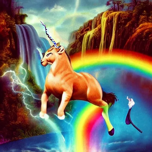 Prompt: a cat riding a unicorn. the cat is breathing fire and holding a sword above its head. the unicorn is vomiting rainbows. there is a waterfall in the background. airbrushed 7 0's photo