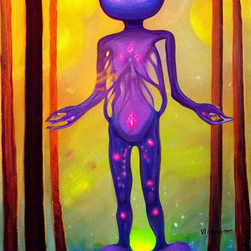 Image similar to painting of a tranquil alien made of light and glows meditating in dense forest by Lobsang Melendez Ahuanari, acrylic art, ethereal, soothing, somber, elegant, warm light, cozy, breathtaking,