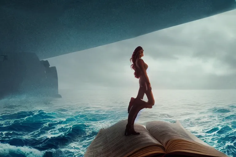 Image similar to A beautiful woman upon a giant book in the middle of the ocean during a storm, dramatic lighting, cinematic, 8k HDR, highly detailed, high quality, octane render, unreal engine 5, path tracing, turbulent sea, concept art, trending on Artstation