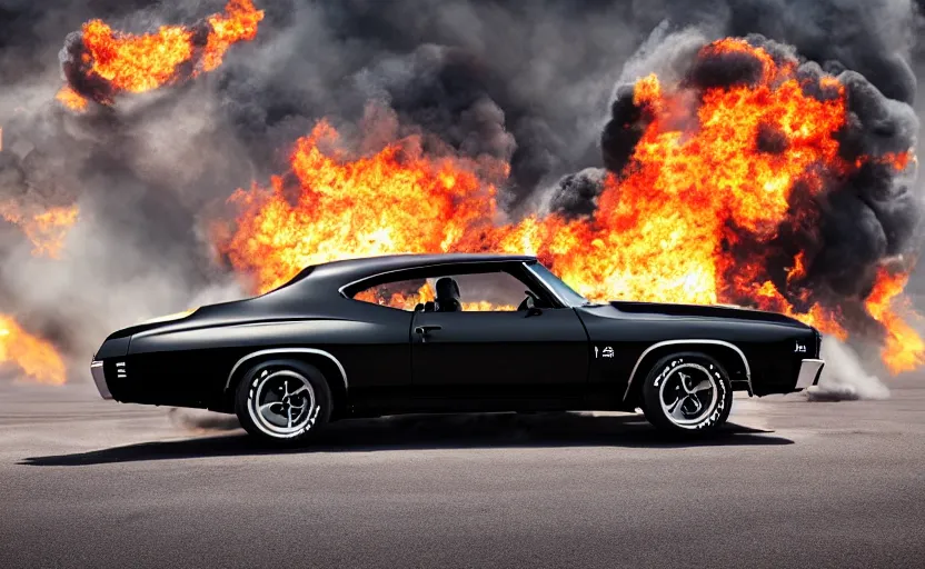 Image similar to a black 1 9 7 0 chevrolet chevelle ss driving high speed, fire explosion in the background, action scen highly realistic. high resolution. highly detailed. dramatic