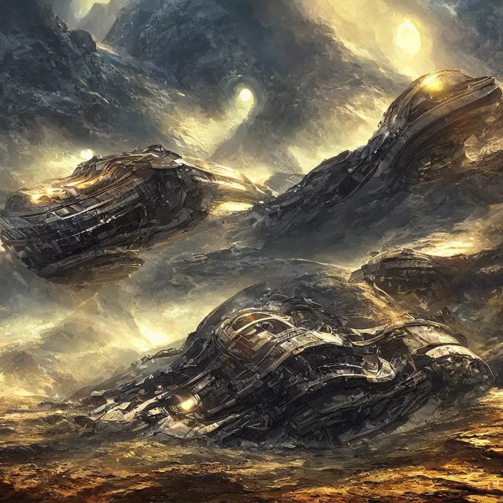 Prompt: gigantic wrecked alien spaceship crashed in the mountains, sci-fi Hollywood concept art, golden hour