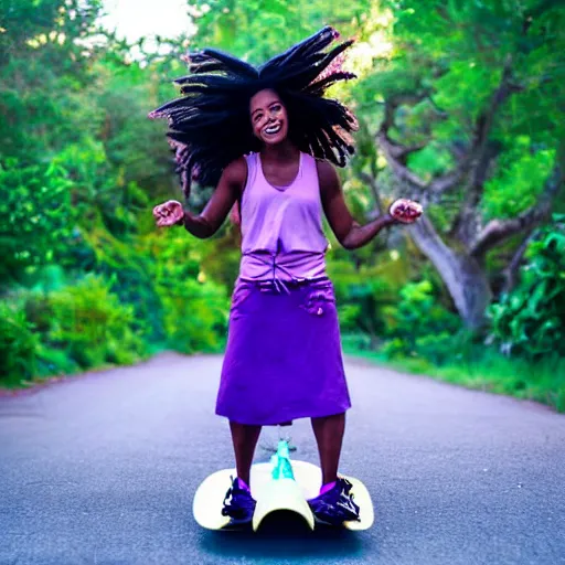 Image similar to black woman with purple dreads longboarding in space in the style of ghibli