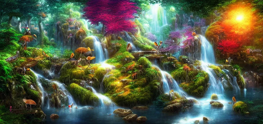 Prompt: beautiful view of a fantasy forest waterfall, birds, droplets, waves, caustics, symmetry, dramatic lighting, ultra detailed, sharp, ambient occlusion, bloom, raytracing, vibrant, vivid colors, picturesque, by dylan cole and jordan grimmer