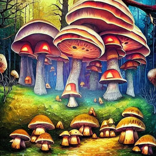 Image similar to glowing mushroom houses in a forest village, mushroom architecture, art by ricardo bofill, james christensen, rob gonsalves, paul lehr, leonid afremov and tim white