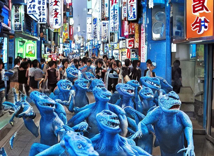 Image similar to reptilian aliens stepping out of a blue portal in a busy japanese street, award winning photo