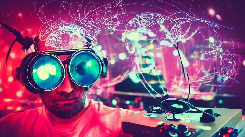 Image similar to a person wearing goggles and visor and headphones using a retro record player contraption, wires and tubes, turntablism dj scratching, intricate planetary gears, cinematic, imax, sharp focus, leds, bokeh, iridescent, black light, fog machine, hazy, lasers, hyper color digital art