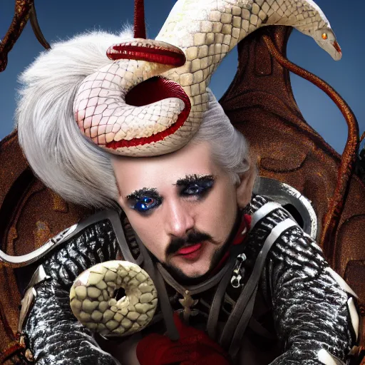 Prompt: a white haired snake soldier with a snake head, fantasy, 4 k, inspired by pixar