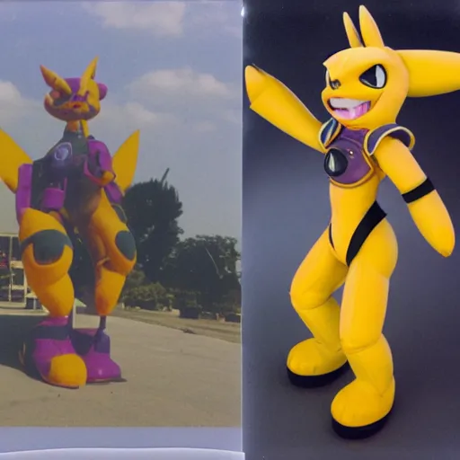 Prompt: 90s vignette photo of female Renamon from Digimon, wearing short denim shorts, standing next to a popular 90s car Polaroid picture, weathered artifacts