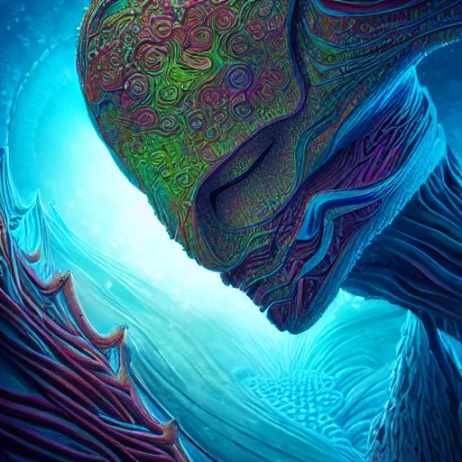 Image similar to Face of a Alien Deity, corals, plume made of geometry, extremly detailed digital painting, sharp focus in the style of android jones, artwork of a futuristic artificial intelligence superstar, mystical colors, rim light, beautiful lighting, 8k, stunning scene, raytracing, octane, under water visual distortion, dark tones colors, trending on artstation