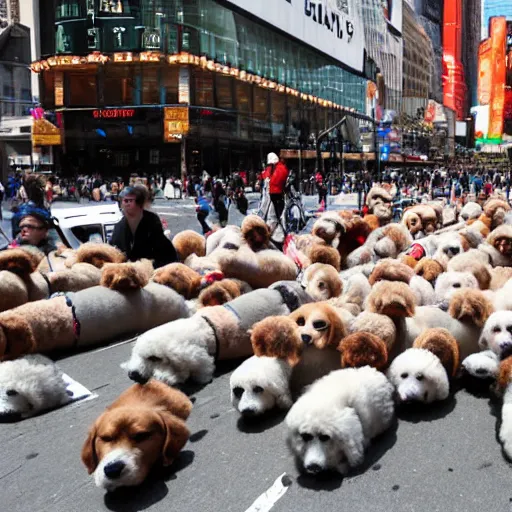 Prompt: a giant puppy parade through New York City Time's Square