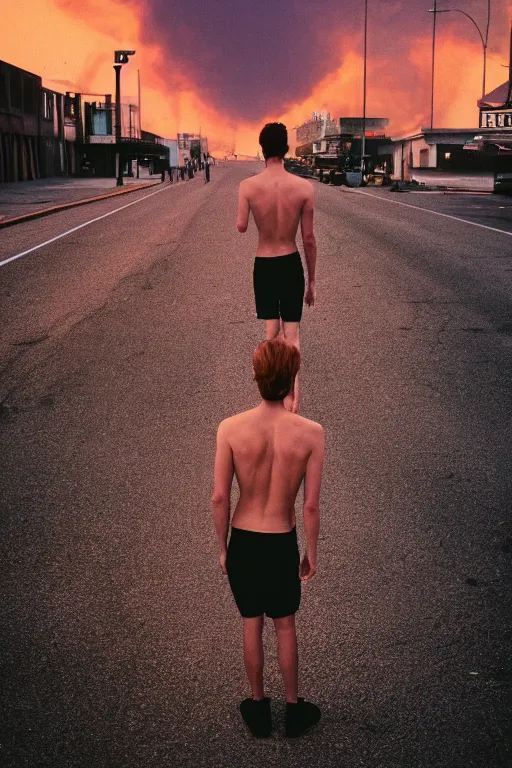 Prompt: kodak ultramax 4 0 0 photograph of a skinny guy standing in street, back view, looking at burning sky, grain, faded effect, vintage aesthetic, vaporwave colors,