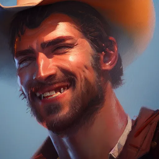 Prompt: a closeup painting of a handsome cowboy saying saying yes and making a pleased face, by greg rutkowski, volumetric lighting, 4 k, 8 k, trending on artstation