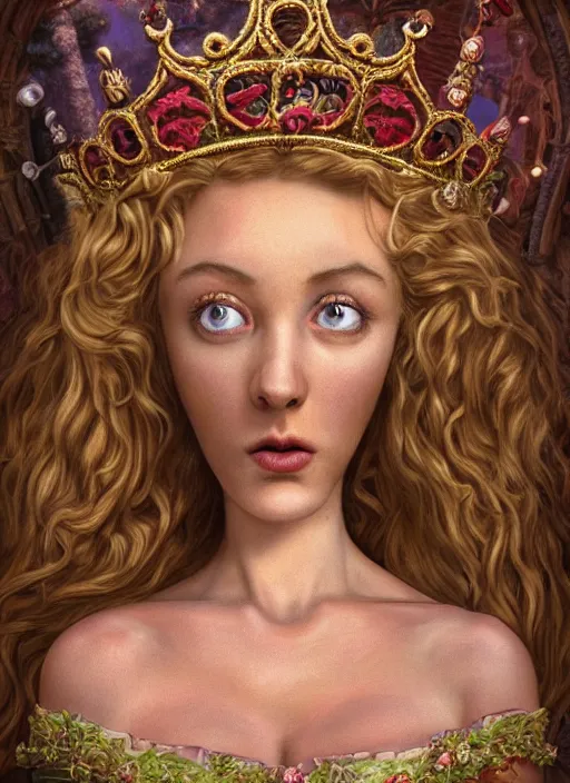 Image similar to cartoon closeup medieval robert crumb face portrait of a fairytale princess wearing a crown eating cakes in the castle, bikini, depth of field, zeiss lens, detailed and intricate environment, fashion photoshoot by nicoletta ceccoli, mark ryden, lostfish, breathtaking, 8 k resolution, extremely detailed, beautiful, establishing shot, artistic, hyperrealistic, octane render