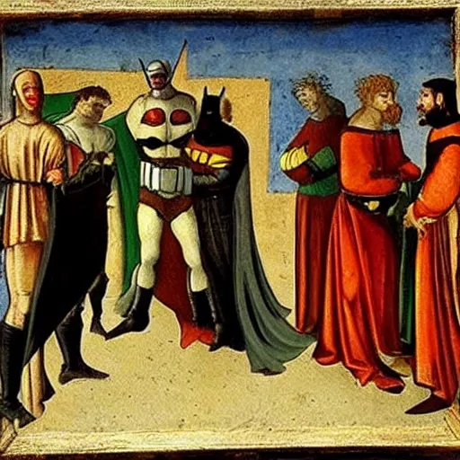 Image similar to medieval painting of people having discussion with batman by Leonardo Davinci, elegant