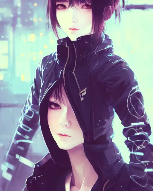 Prompt: kyoto animation, cool girl wearing cyberpunk intricate streetwear, beautiful, detailed portrait, cell shaded, 4 k, concept art, by wlop, ilya kuvshinov, artgerm, krenz cushart, greg rutkowski, pixiv. cinematic dramatic atmosphere, sharp focus, volumetric lighting, cinematic lighting, studio quality