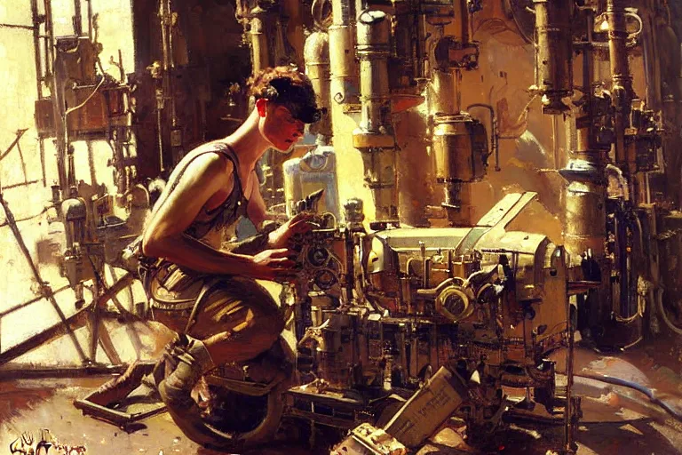 Image similar to male repairing machine, dieselpunk, painting by gaston bussiere, craig mullins, j. c. leyendecker