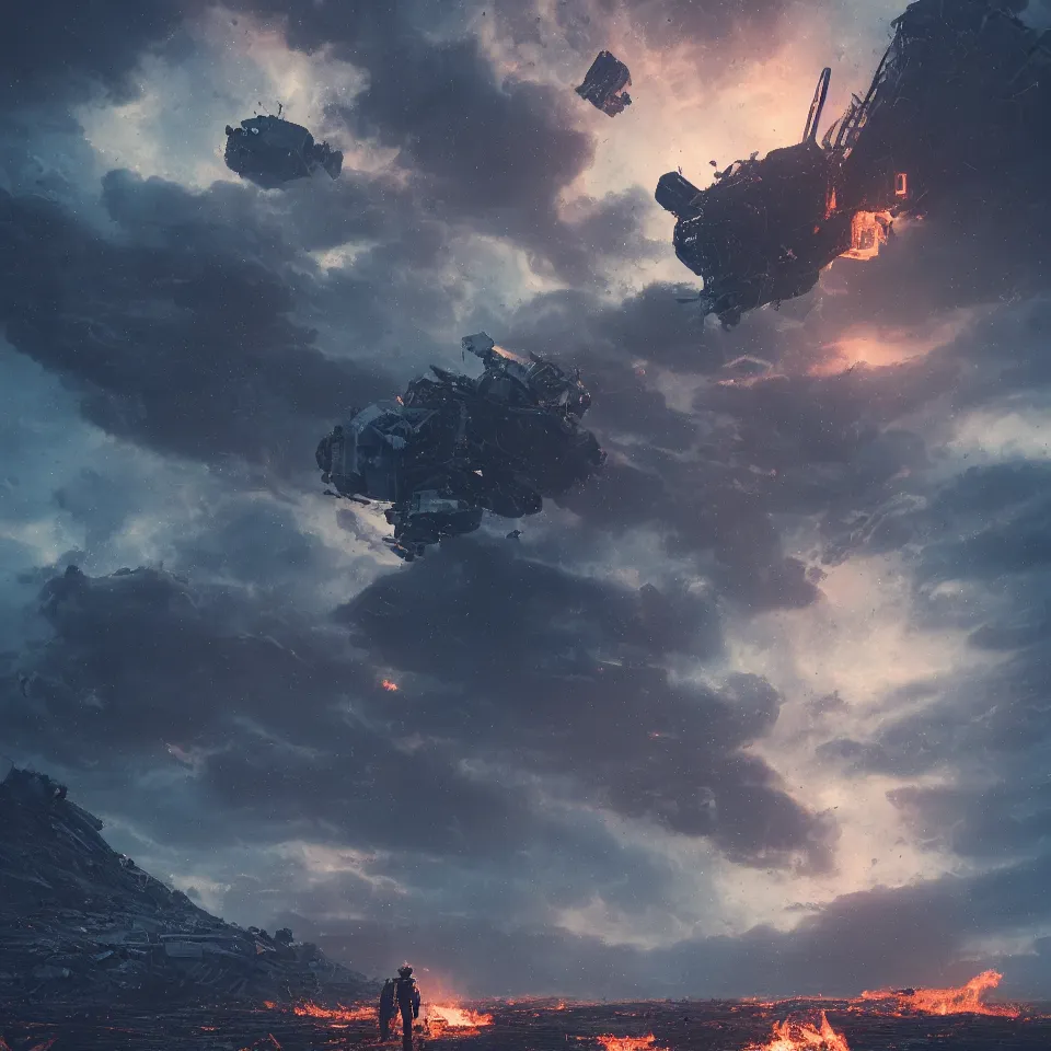 Prompt: beautiful dark landscape, astronaut standing looking, wrecked spacecraft destroyed on fire, award winning artstation, beeple and Mike Winkelmann, intricate, epic lighting, cinematic composition, hyper realistic, 8k resolution