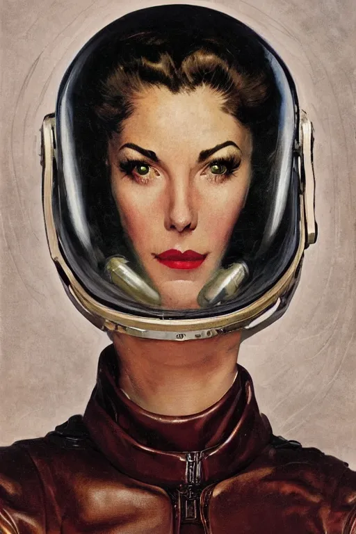 Image similar to 5 0 s pulp scifi fantasy head and shoulders portrait striking elegant mature woman in leather spacesuit by norman rockwell, roberto ferri, daniel gerhartz, edd cartier, jack kirby, howard v brown, ruan jia, tom lovell, frank r paul, jacob collins, dean cornwell, astounding stories, amazing, fantasy, other worlds