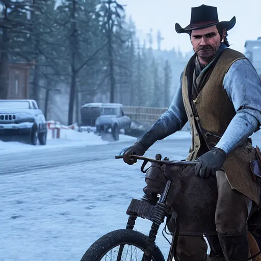 Prompt: arthur from rdr 2 high detailed face driving bike background russia in 2 0 2 0 at russia, tolyatti sportivnaia street 7, cars, snow, buildings photorealism