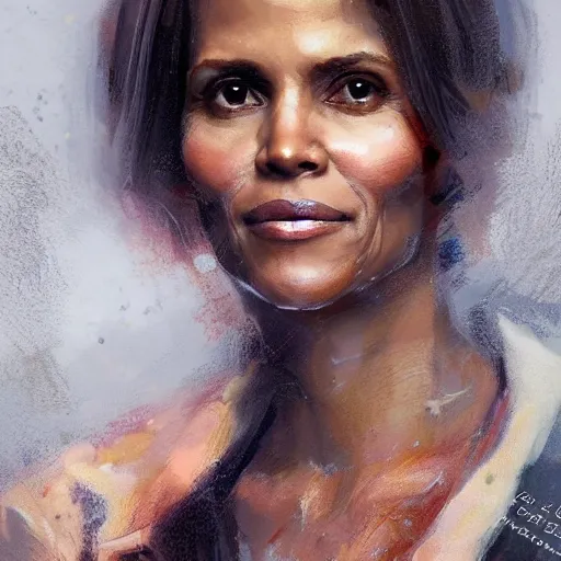 Image similar to portrait of maci holloway, first woman elected as president in usa, cold but beautiful, about 3 5 years old, highly detailed, mix of halle berry and julia roberts, artstation hd, deviantart, by artgem, greg rutkowski