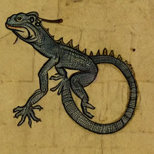 Prompt: medieval sketch of an exhausted anthropomorphic lizard