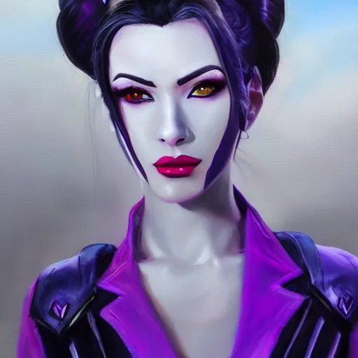 Prompt: oil painting of widowmaker from overwatch in the desert, black and purple jacket, beautiful face, detailed eyes, very detailed face, feminine face, full body