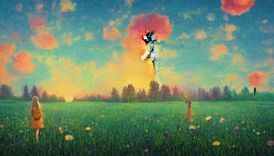 Image similar to girl with a flower face, surreal photography, dream, standing in flower field, hills, big trees, sunrise dramatic light, impressionist painting, colorful clouds, digital painting, pointillism, artstation, simon stalenhag, surreal