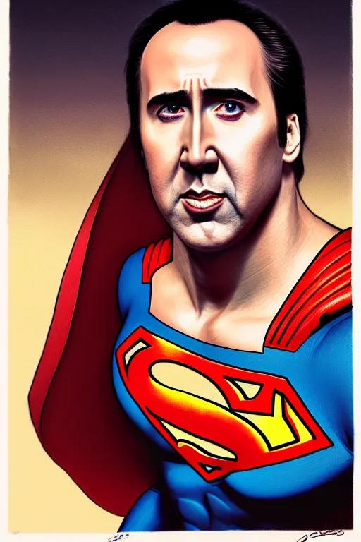 Prompt: portrait of nicolas cage as superman looking away from the camera, intricate, hyperrealistic, extremely detailed ballpoint drawing by simon stalenhag and greg rutkowski, artstation