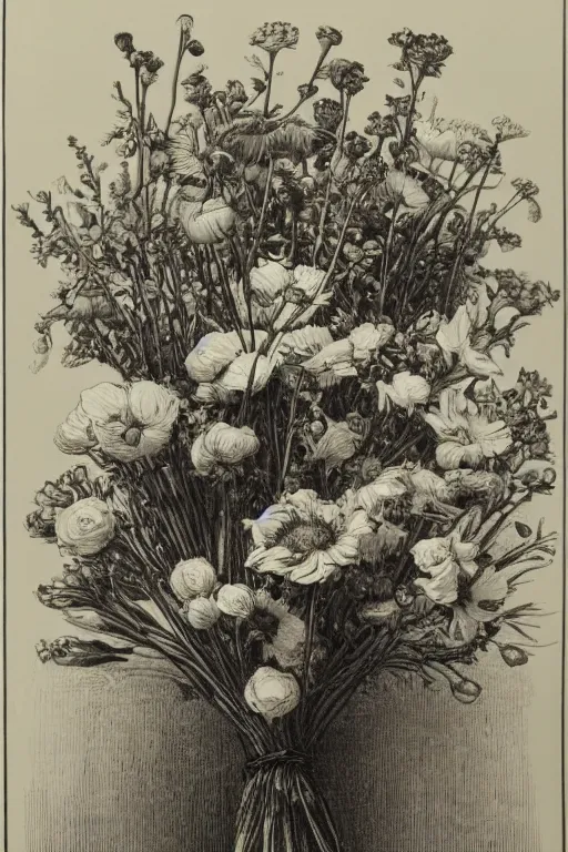 Image similar to black and white, close-up flower bouquet, Gustave Dore lithography