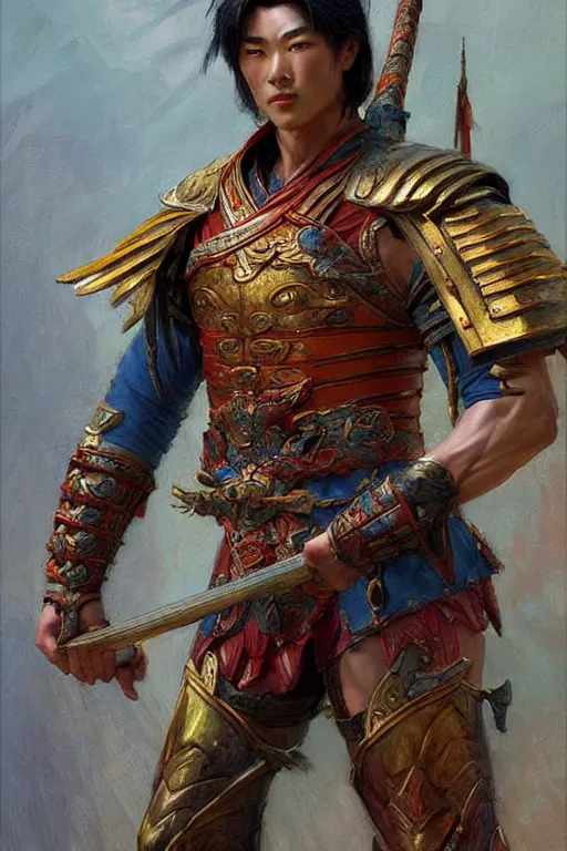 Image similar to attractive muscular male with armor and clothes, tang dynasty, character design, colorful paint, sweat, painting by gaston bussiere, craig mullins, j. c. leyendecker