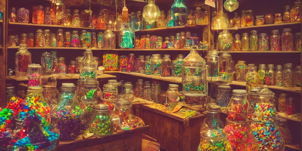 Prompt: Inside an old magical sweet shop, large jars on shelves, beautiful labels, fantasy vendor interior, wide angle, cinematic, highly detailed, photo-realistic, rich bright colors, trending on artstation, trending on cgsociety, 8K