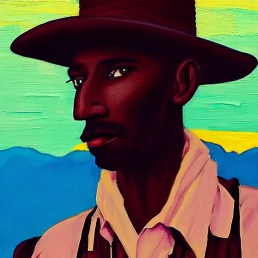 Prompt: a beautiful painting of a regal african cowboy, in front of a pale lavender sunrise, dawn, predawn, golden light, art deco!, silhouette, no crop, smooth, sharp focus, grainy, realistic, very realistic, hyperrealistic, highly detailed, very detailed, extremely detailed, very neat, very epic, very cool, detailed, made by Jacob Lawrence