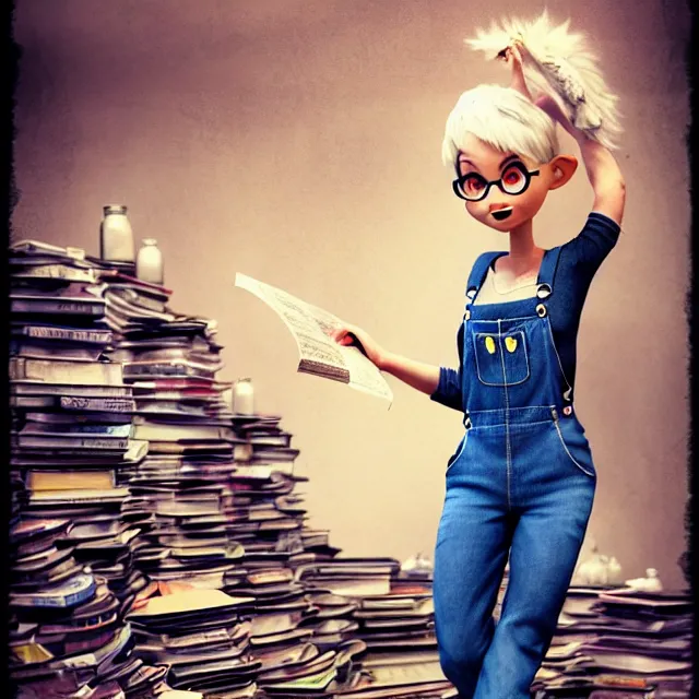 Image similar to full body pose, beautiful adult book fairy, pixar, short white hair shaved sides, dirty, grungy, grunge, long sleeve, painted overalls, stacks of giant books, highly detailed, 4 k, hdr, smooth, sharp focus, high resolution, award - winning photo, artgerm, photorealistic