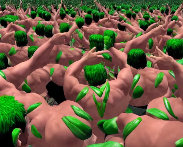 Prompt: muscular humanoid yoshi mosh pit with green onions, yoshi gigachad clones + green onion