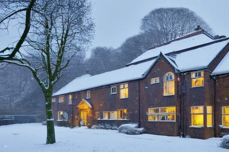 Prompt: cyberpunk, winter in the snow, an estate agent listing photo, external view of a 5 bedroom detached countryside house in the UK, by Paul Lehr