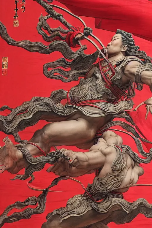 Image similar to a masterpiece portrait of legendry nezha flies riding on the wind fire wheels across the sea, water everywhere, chinese mythology, side view, red cloth around his shoulders, hold spear, cinematic, fantasy character portrait, highly detailed, by ne zha ( 2 0 1 9 ), fenghua zhong