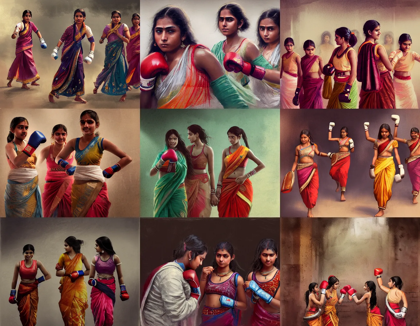 Prompt: a group of teenage indian girls learning boxing, sari, saris, smiling, digital portrait by greg rutkowski, intricate, soft focus, highly detailed, cinematic, epic, artstation